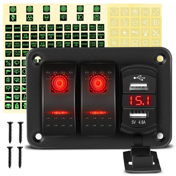 2 Gang Aluminum Rocker Switch Panel Red with 4.8 Amp Dual USB Charger Voltmeter